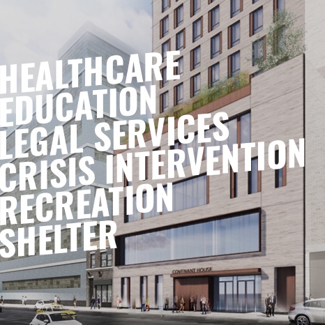 Photo of building with headlines of Healthcare, Education, Legal Services, Crisis Intervention, Recreation, Shelter